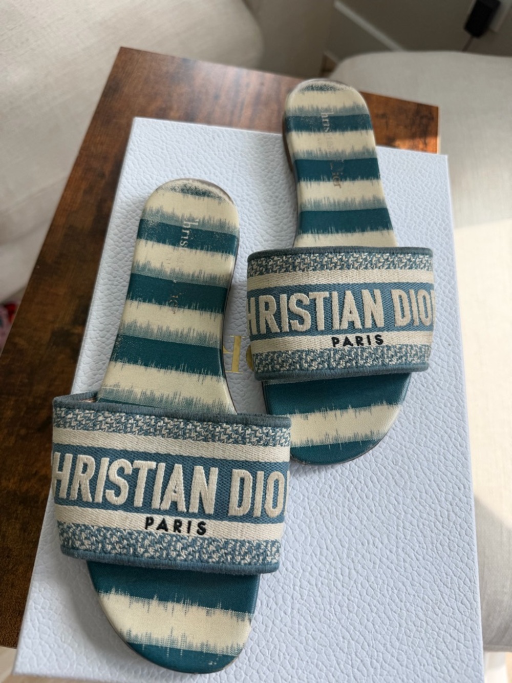 Dior Teal & Cream Christian Dior Slide Sandals